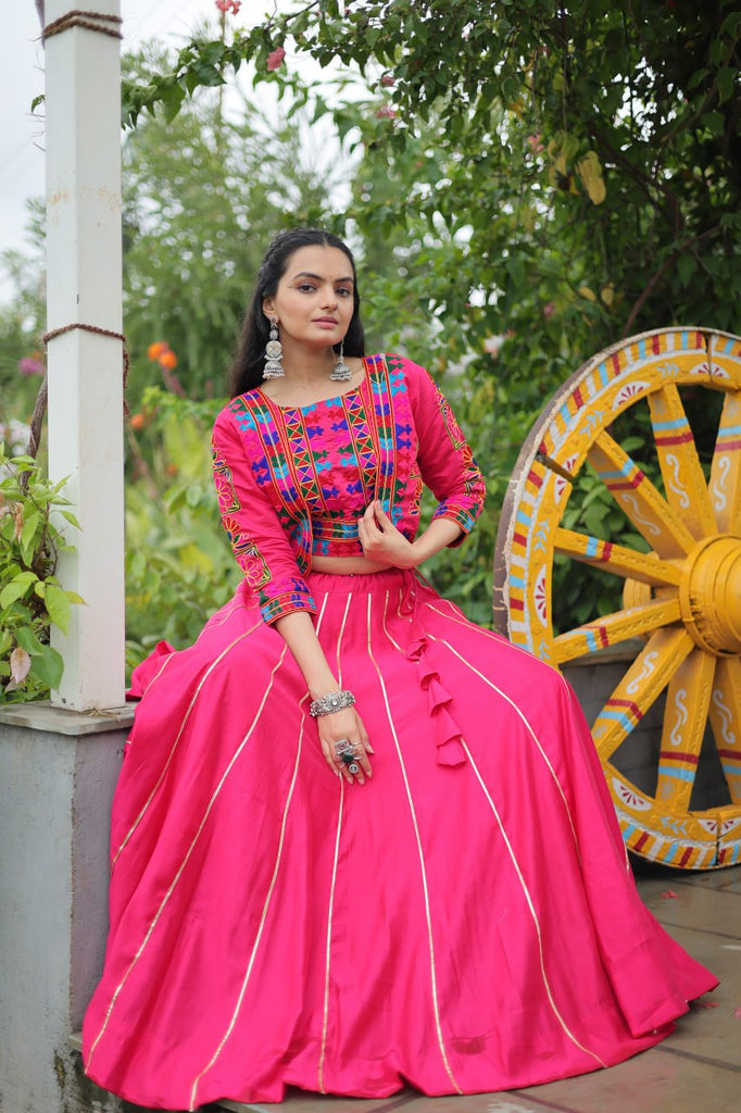Pink Navratri Special Roman Fabric Lehenga Set with Kutchi Gamthi Embroidery & Gota Patti Lace ClothsVilla