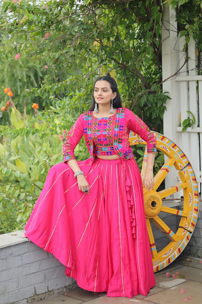 Pink Navratri Special Roman Fabric Lehenga Set with Kutchi Gamthi Embroidery & Gota Patti Lace ClothsVilla