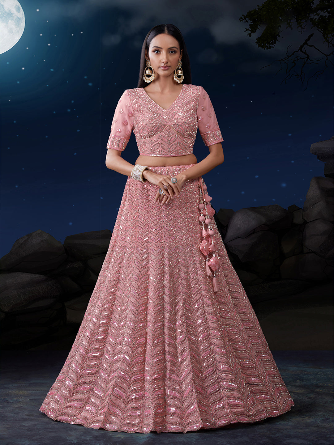 Pink Net Lehenga Choli Set with Dazzling Embroidery ClothsVilla