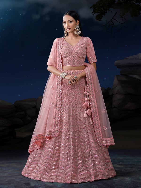Pink Net Lehenga Choli Set with Dazzling Embroidery ClothsVilla