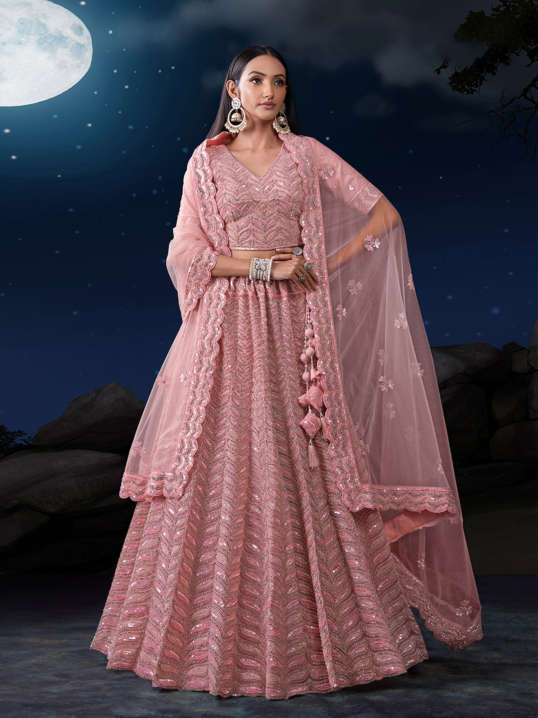 Pink Net Lehenga Choli Set with Dazzling Embroidery ClothsVilla