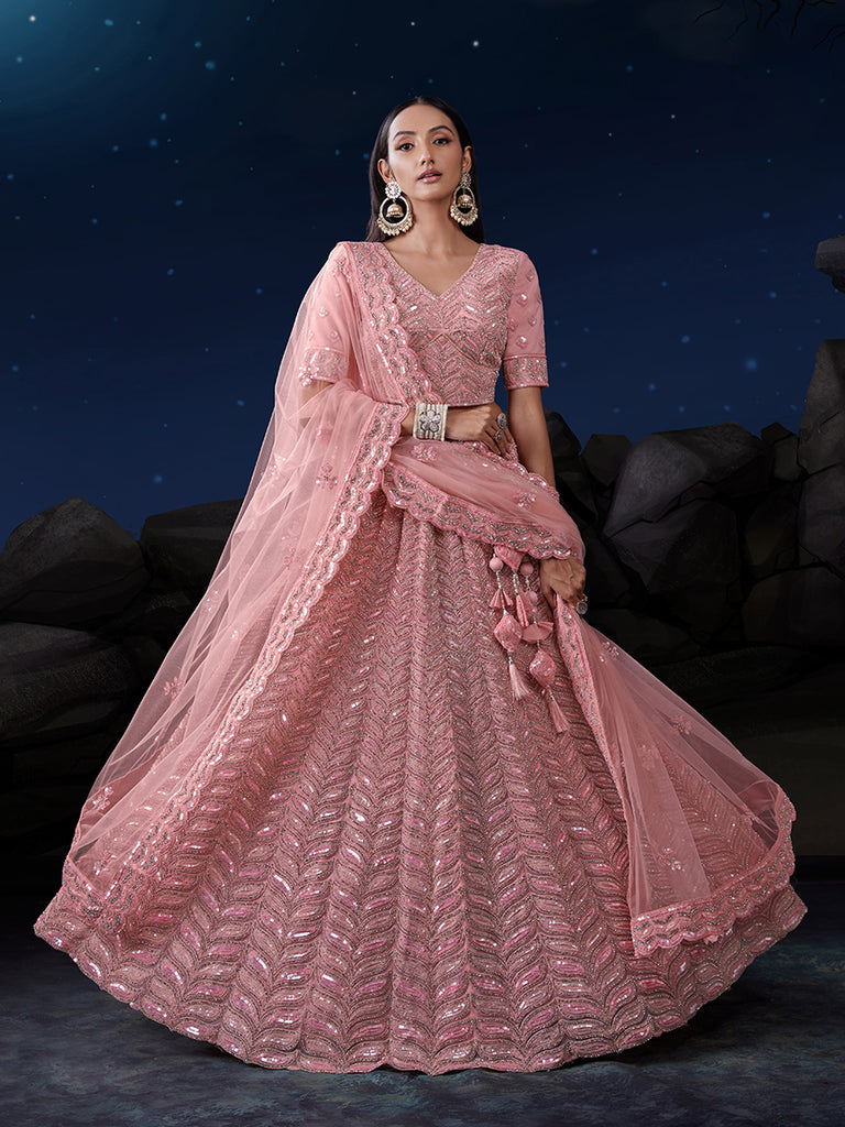 Pink Net Lehenga Choli Set with Dazzling Embroidery ClothsVilla