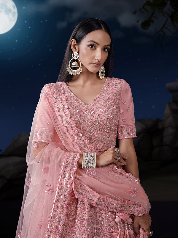 Pink Net Lehenga Choli Set with Dazzling Embroidery ClothsVilla