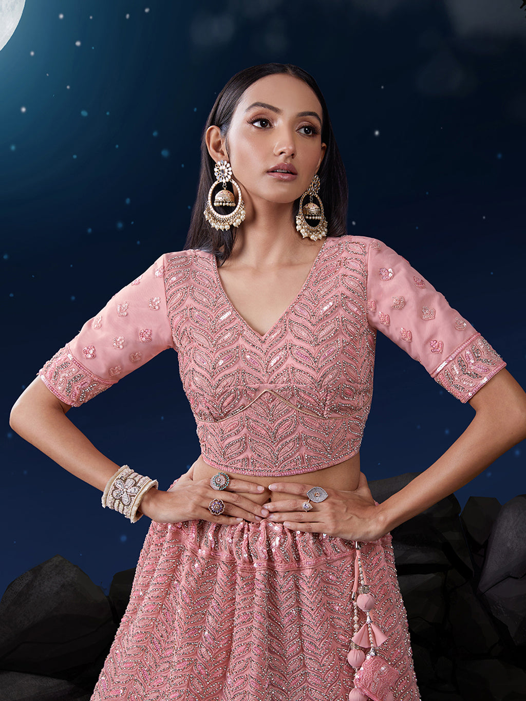 Pink Net Lehenga Choli Set with Dazzling Embroidery ClothsVilla