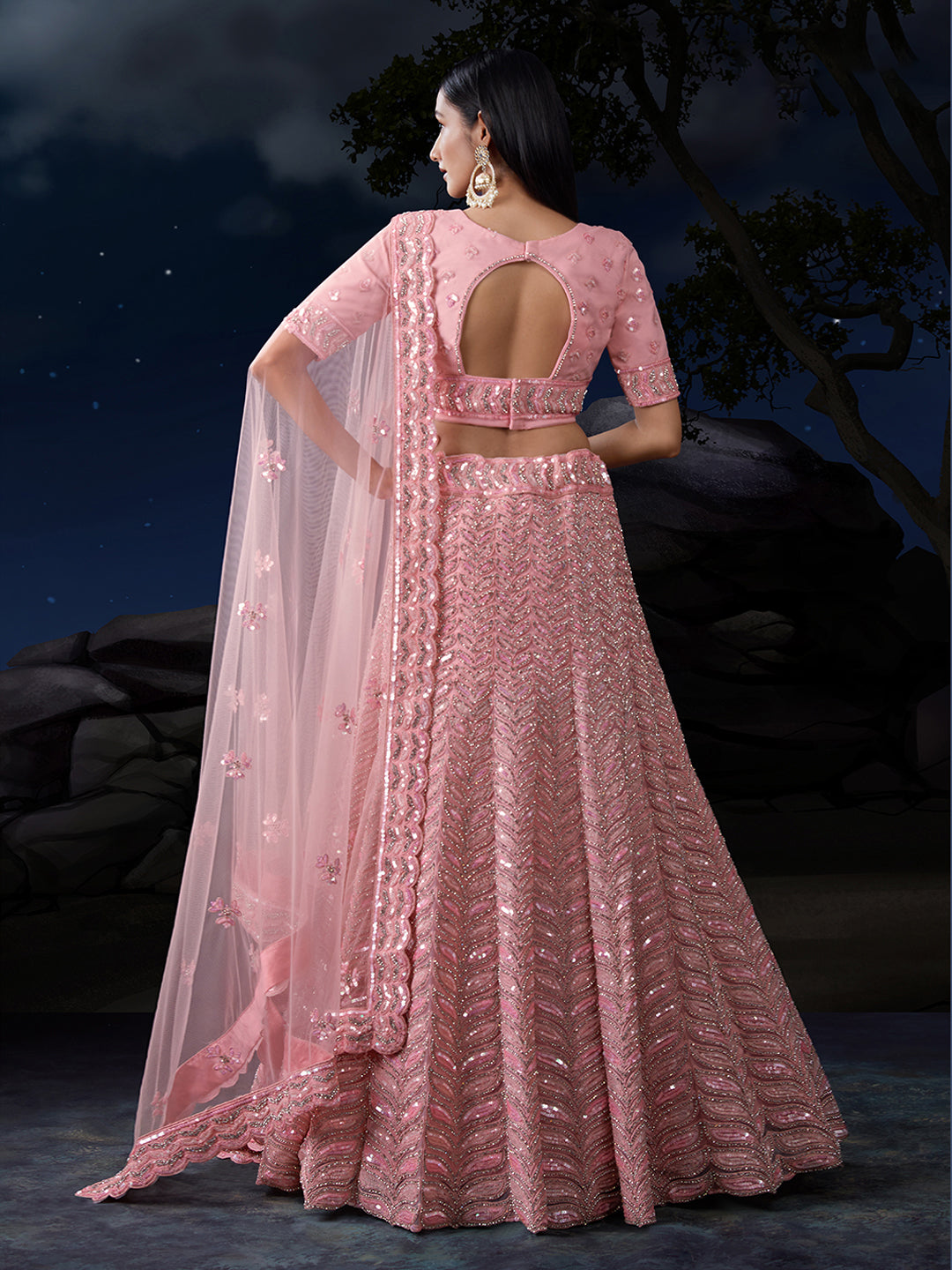 Pink Net Lehenga Choli Set with Dazzling Embroidery ClothsVilla