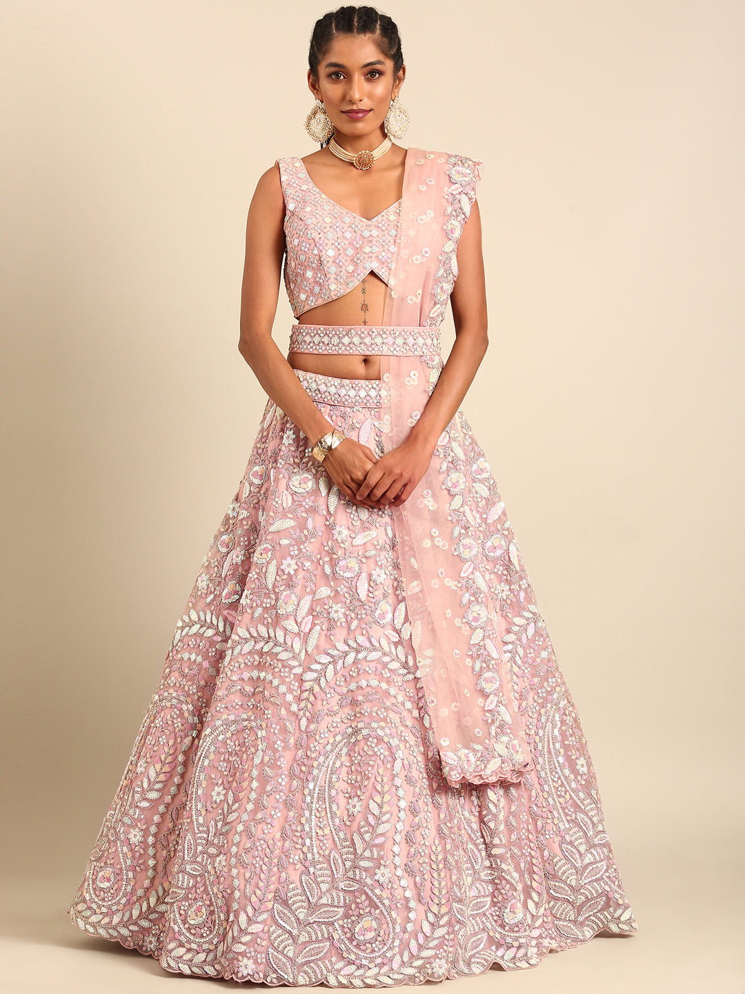 Pink Net Multi Sequins with heavy Zarkan embroidery Semi-Stitched Lehenga choli & Dupatta Clothsvilla