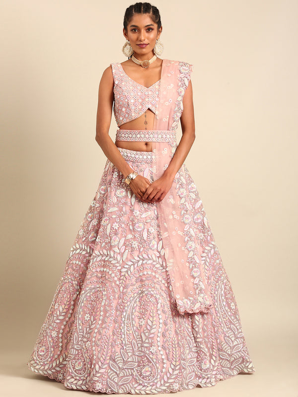 Pink Net Multi Sequins with heavy Zarkan embroidery Semi-Stitched Lehenga choli & Dupatta Clothsvilla