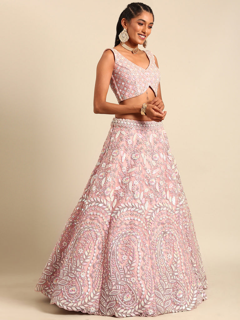 Pink Net Multi Sequins with heavy Zarkan embroidery Semi-Stitched Lehenga choli & Dupatta Clothsvilla
