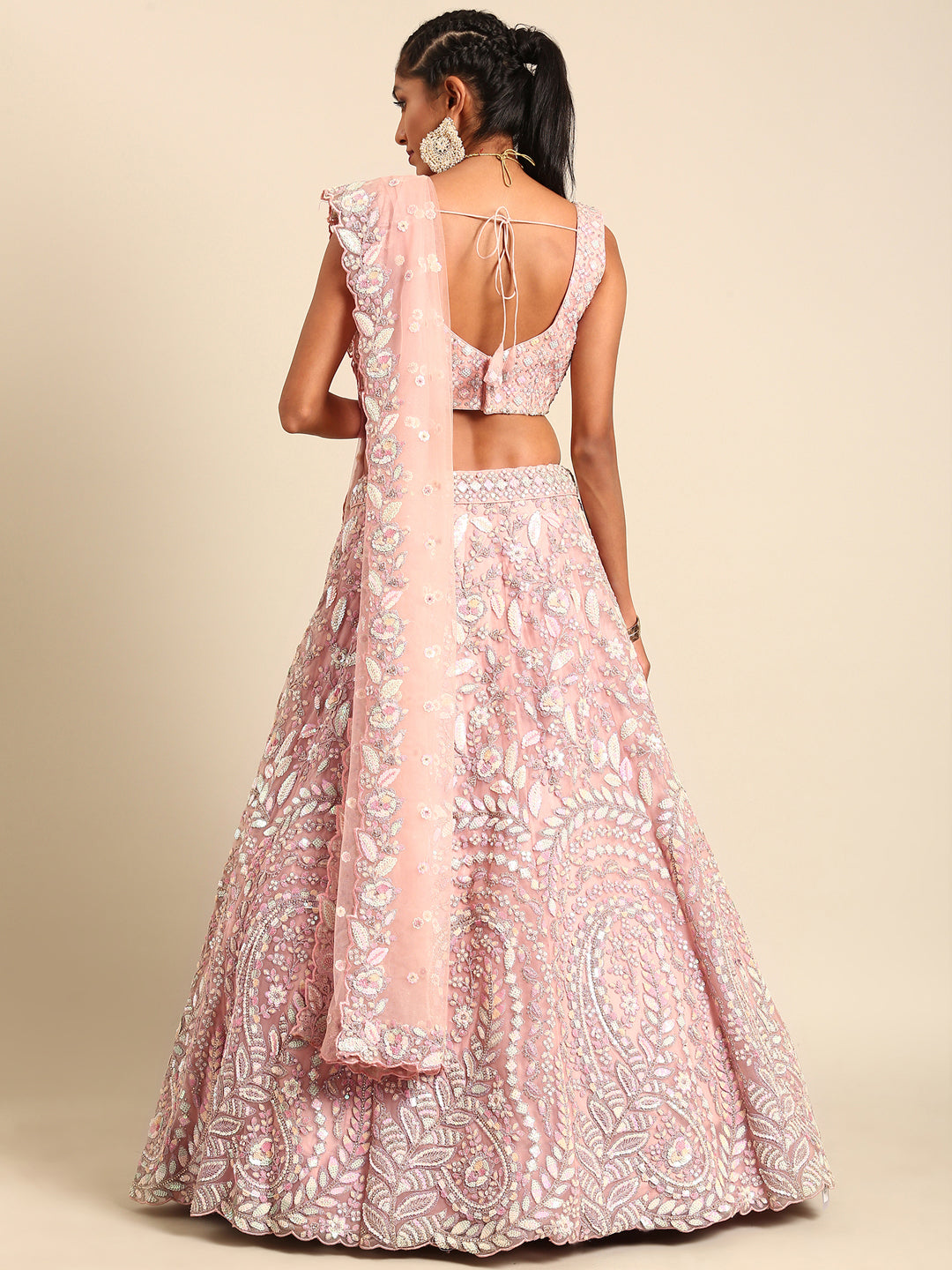 Pink Net Multi Sequins with heavy Zarkan embroidery Semi-Stitched Lehenga choli & Dupatta Clothsvilla