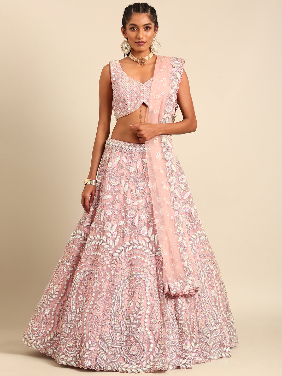 Pink Net Multi Sequins with heavy Zarkan embroidery Semi-Stitched Lehenga choli & Dupatta Clothsvilla