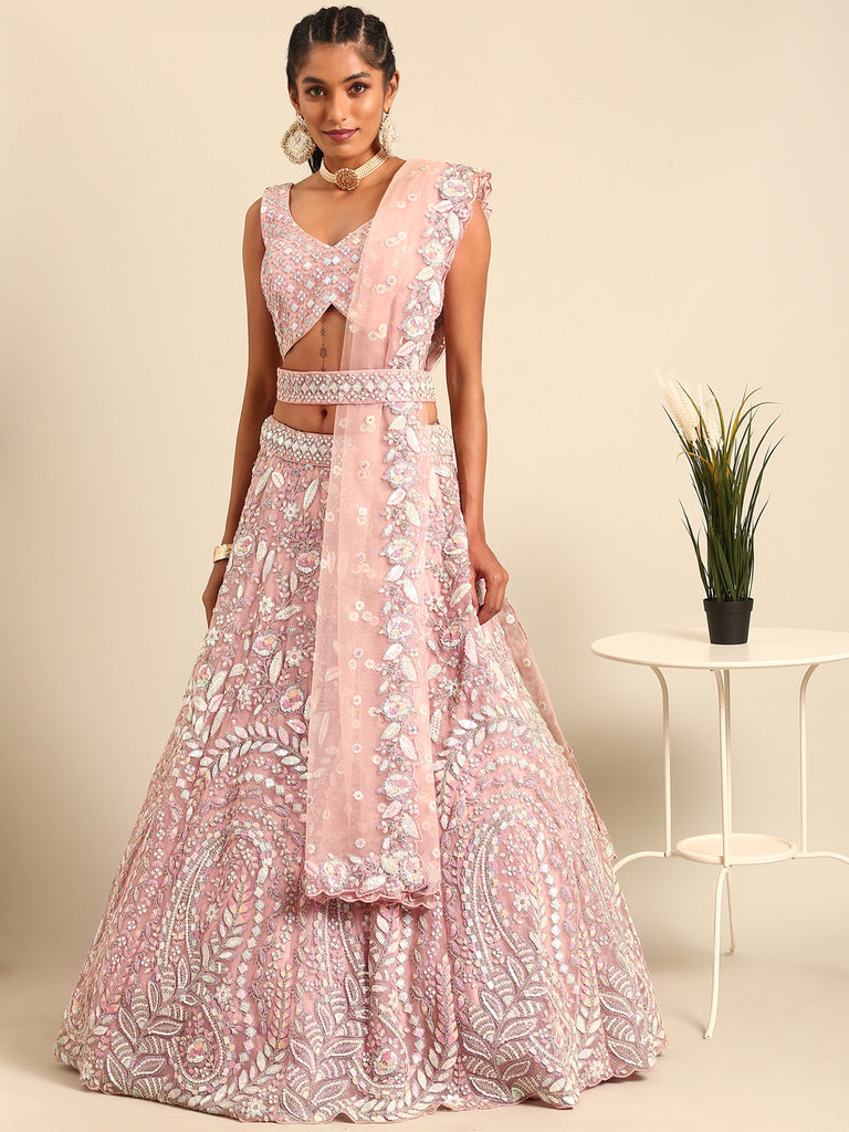 Pink Net Multi Sequins with heavy Zarkan embroidery Semi-Stitched Lehenga choli & Dupatta Clothsvilla