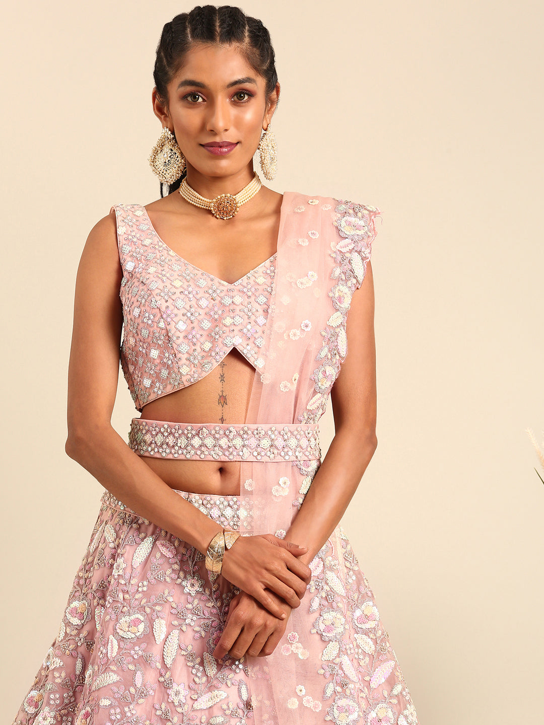Pink Net Multi Sequins with heavy Zarkan embroidery Semi-Stitched Lehenga choli & Dupatta Clothsvilla