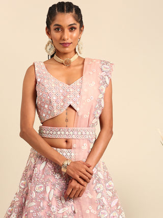 Pink Net Multi Sequins with heavy Zarkan embroidery Semi-Stitched Lehenga choli & Dupatta Clothsvilla
