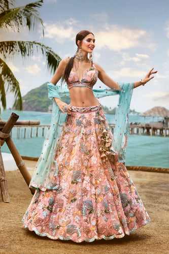 Pink Net Sequins and Zarkan embroidery Semi-Stitched Lehenga choli & Dupatta ClothsVilla