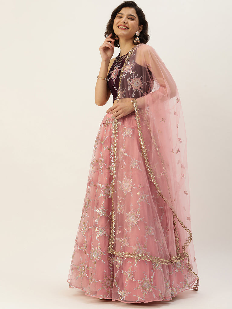 Pink Net Sequins Embroideried Semi-stitched Lehenga Clothsvilla