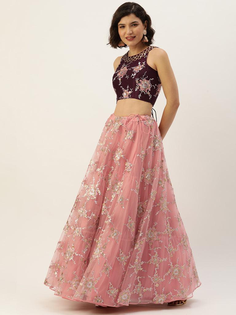 Pink Net Sequins Embroideried Semi-stitched Lehenga Clothsvilla