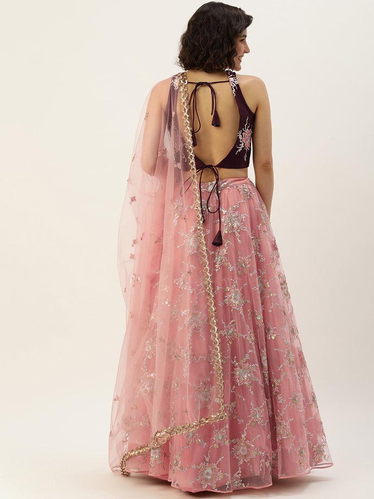 Pink Net Sequins Embroideried Semi-stitched Lehenga Clothsvilla