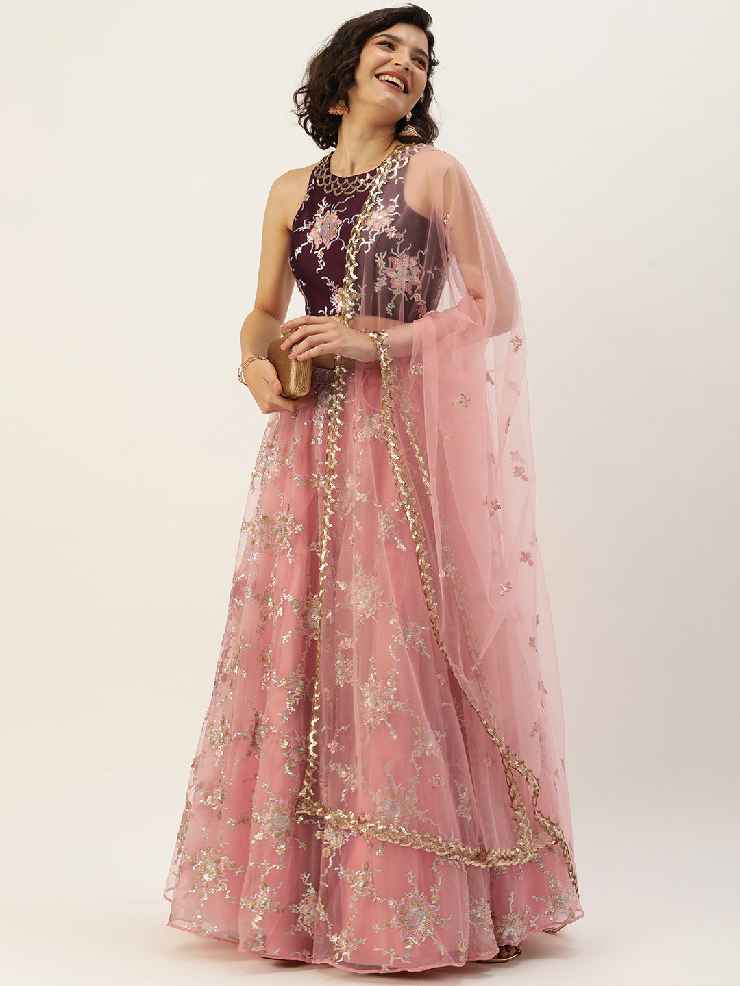 Pink Net Sequins Embroideried Semi-stitched Lehenga Clothsvilla