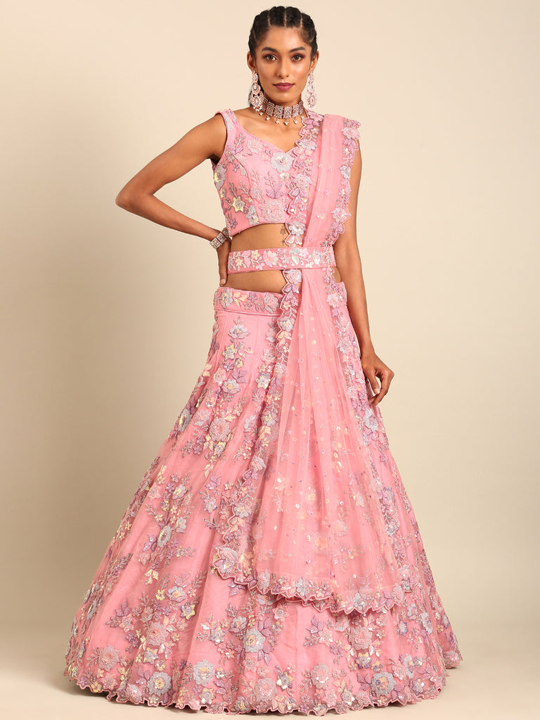 PINK Net Sequins with heavy Zarkan embroidery Semi-Stitched Lehenga choli & Dupatta Clothsvilla