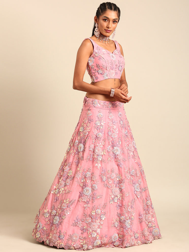 PINK Net Sequins with heavy Zarkan embroidery Semi-Stitched Lehenga choli & Dupatta Clothsvilla