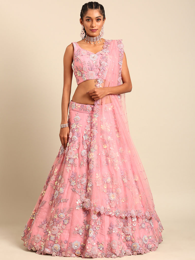 PINK Net Sequins with heavy Zarkan embroidery Semi-Stitched Lehenga choli & Dupatta Clothsvilla