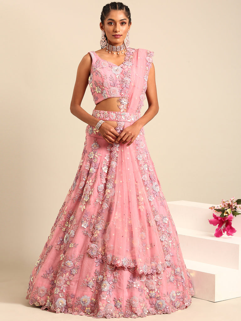 PINK Net Sequins with heavy Zarkan embroidery Semi-Stitched Lehenga choli & Dupatta Clothsvilla