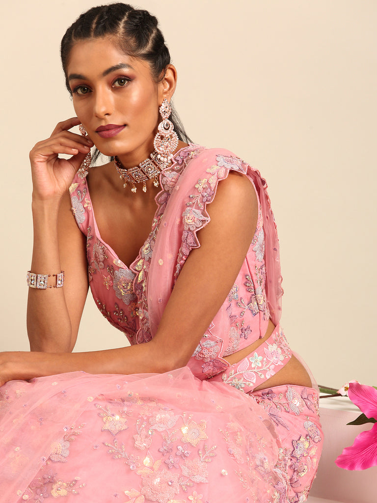 PINK Net Sequins with heavy Zarkan embroidery Semi-Stitched Lehenga choli & Dupatta Clothsvilla