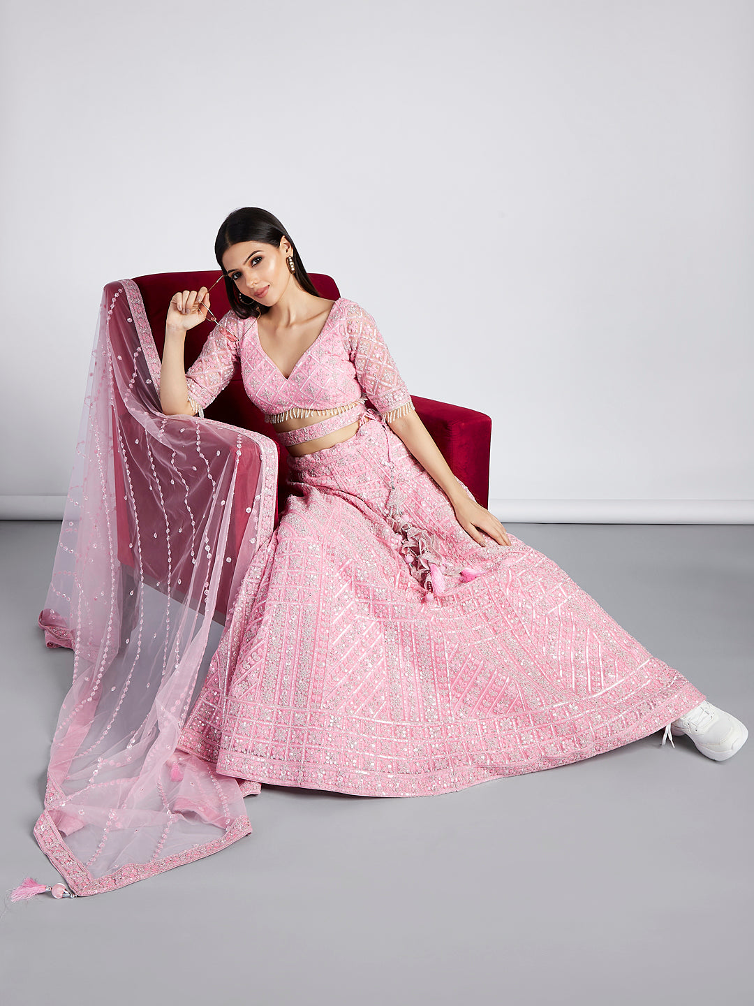 Pink Net Sequins, Zarkan and thread embroidery Semi-Stitched Lehenga choli & Dupatta ClothsVilla