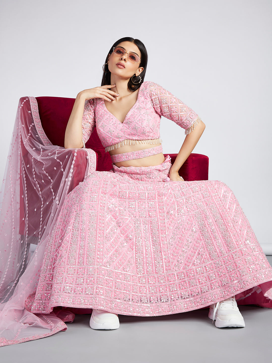 Pink Net Sequins, Zarkan and thread embroidery Semi-Stitched Lehenga choli & Dupatta ClothsVilla