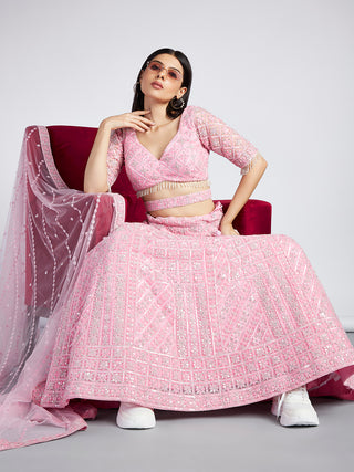 Pink Net Sequins, Zarkan and thread embroidery Semi-Stitched Lehenga choli & Dupatta ClothsVilla