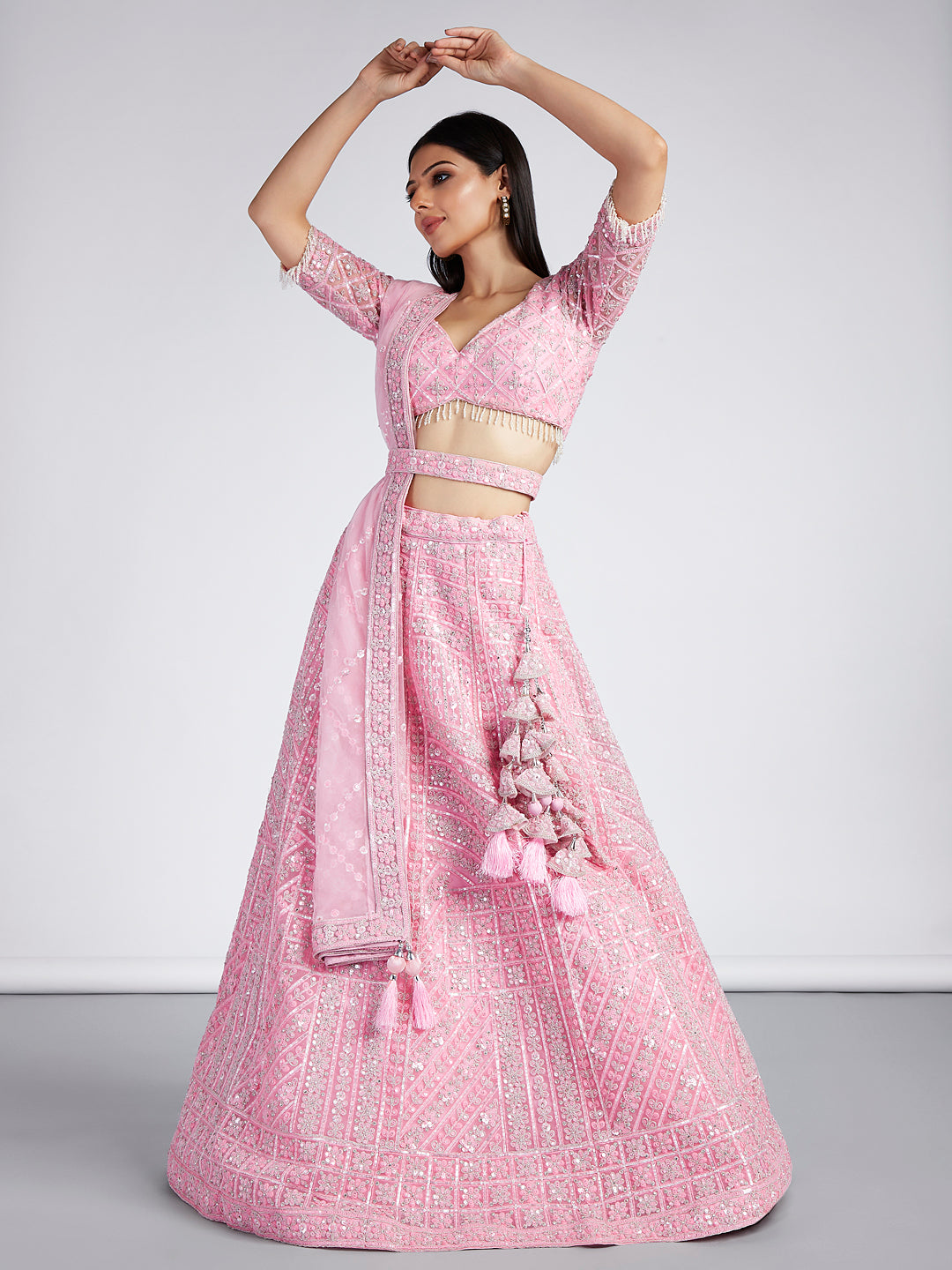 Pink Net Sequins, Zarkan and thread embroidery Semi-Stitched Lehenga choli & Dupatta ClothsVilla