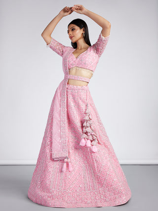 Pink Net Sequins, Zarkan and thread embroidery Semi-Stitched Lehenga choli & Dupatta ClothsVilla