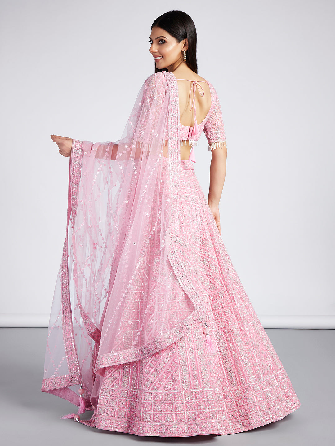 Pink Net Sequins, Zarkan and thread embroidery Semi-Stitched Lehenga choli & Dupatta ClothsVilla