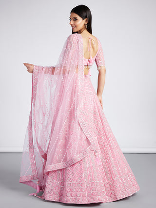 Pink Net Sequins, Zarkan and thread embroidery Semi-Stitched Lehenga choli & Dupatta ClothsVilla