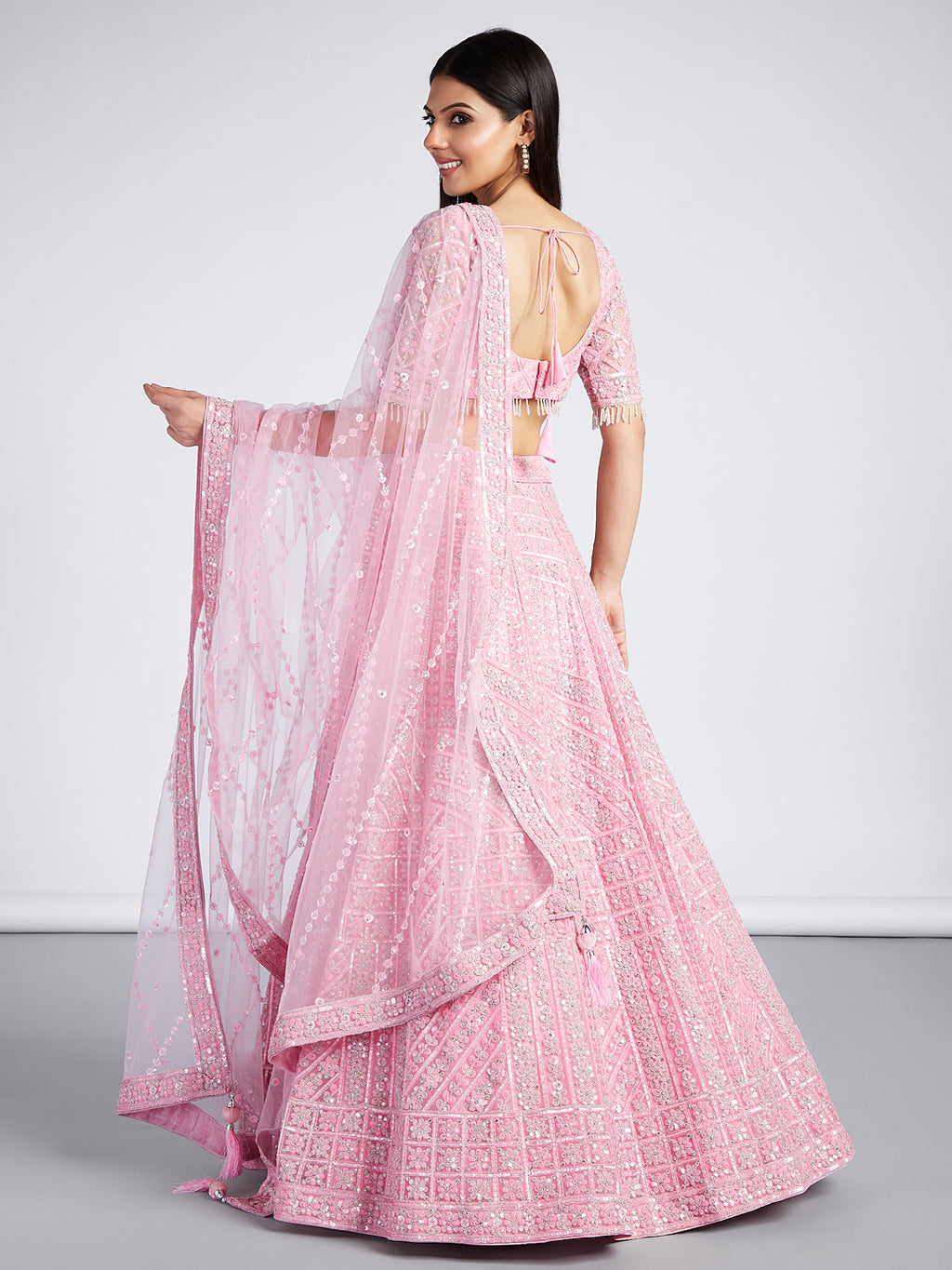 Pink Net Sequins, Zarkan and thread embroidery Semi-Stitched Lehenga choli & Dupatta ClothsVilla