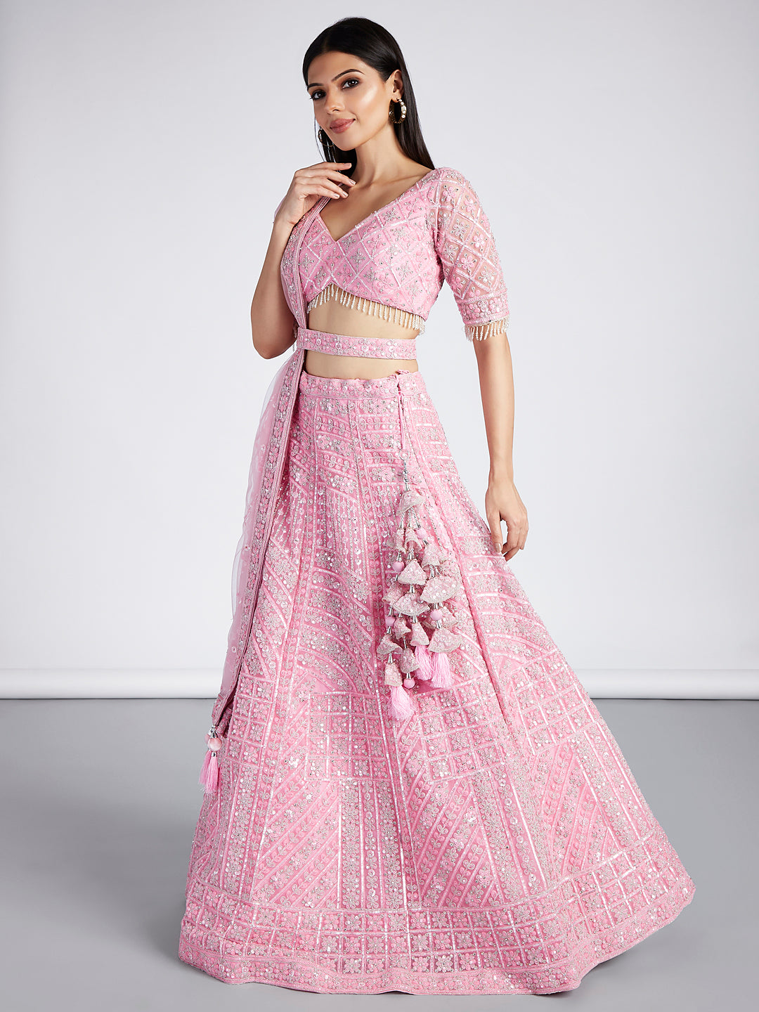 Pink Net Sequins, Zarkan and thread embroidery Semi-Stitched Lehenga choli & Dupatta ClothsVilla