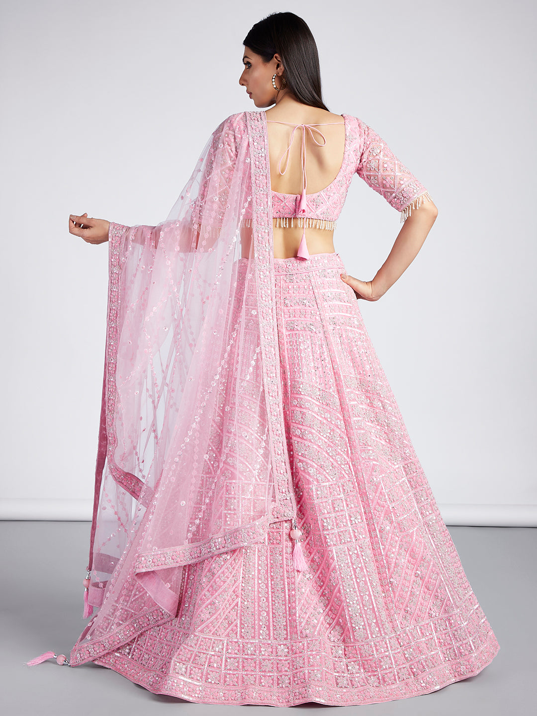 Pink Net Sequins, Zarkan and thread embroidery Semi-Stitched Lehenga choli & Dupatta ClothsVilla