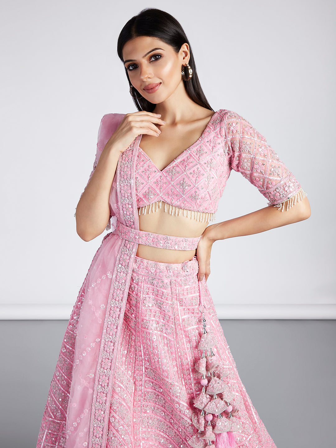 Pink Net Sequins, Zarkan and thread embroidery Semi-Stitched Lehenga choli & Dupatta ClothsVilla