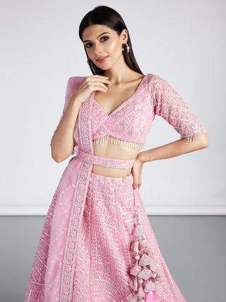 Pink Net Sequins, Zarkan and thread embroidery Semi-Stitched Lehenga choli & Dupatta ClothsVilla