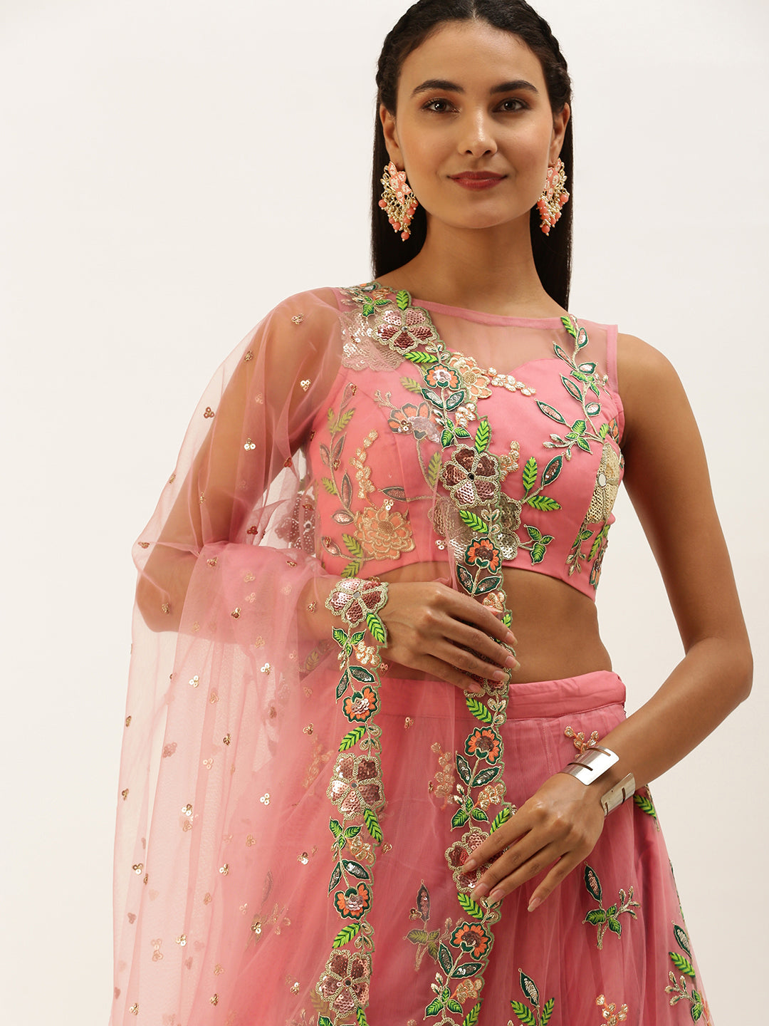 Pink Net Sequinse Cut Work Semi-Stitched Lehenga & Unstitched Blouse with Dupatta Clothsvilla
