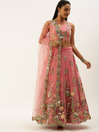Pink Net Sequinse Cut Work Semi-Stitched Lehenga & Unstitched Blouse with Dupatta Clothsvilla