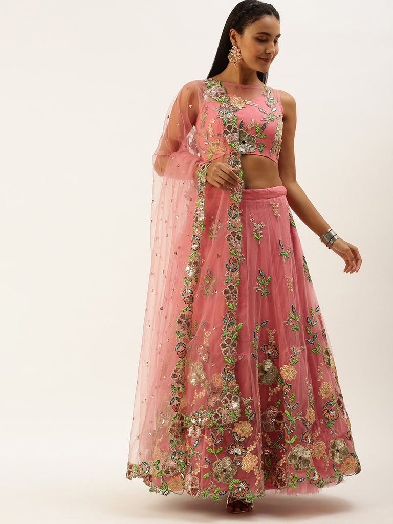 pink net sequinse cut work semi stitched lehenga unstitched blouse with