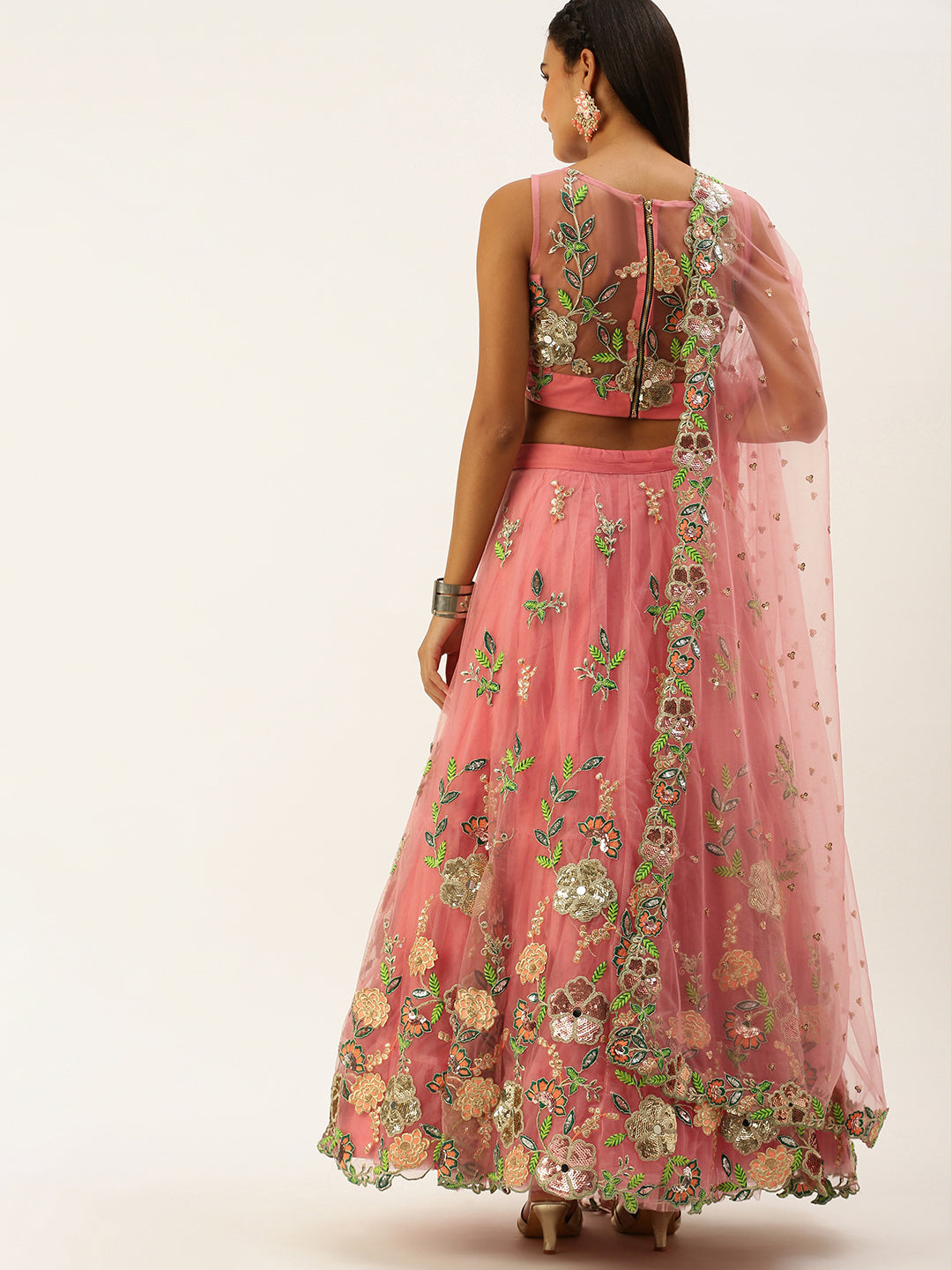 Pink Net Sequinse Cut Work Semi-Stitched Lehenga & Unstitched Blouse with Dupatta Clothsvilla
