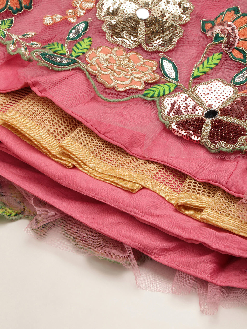 Pink Net Sequinse Cut Work Semi-Stitched Lehenga & Unstitched Blouse with Dupatta Clothsvilla
