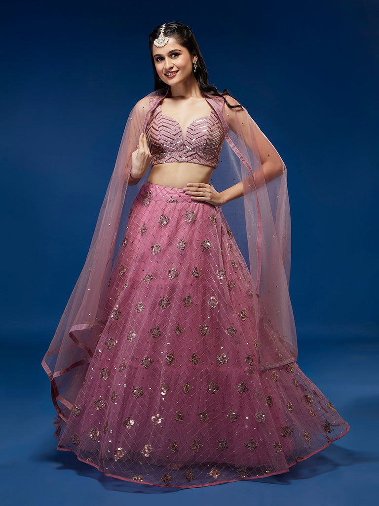 Pink Net Sequinse Embroidered Semi-Stitched Lehenga & Blouse with Dupatta Clothsvilla