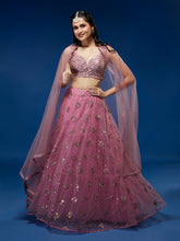 Load image into Gallery viewer, Pink Net Sequinse Embroidered Semi-Stitched Lehenga &amp; Blouse with Dupatta Clothsvilla