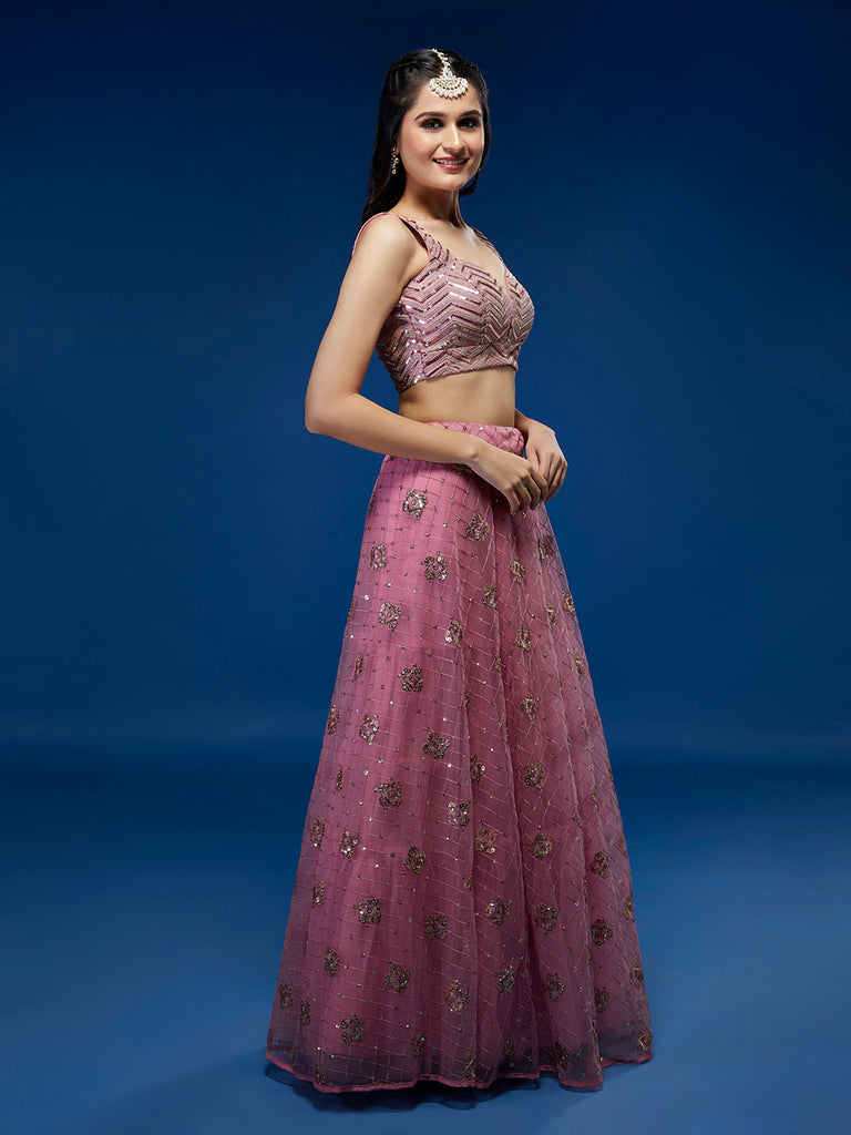 Pink Net Sequinse Embroidered Semi-Stitched Lehenga & Blouse with Dupatta Clothsvilla