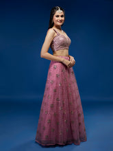 Load image into Gallery viewer, Pink Net Sequinse Embroidered Semi-Stitched Lehenga &amp; Blouse with Dupatta Clothsvilla