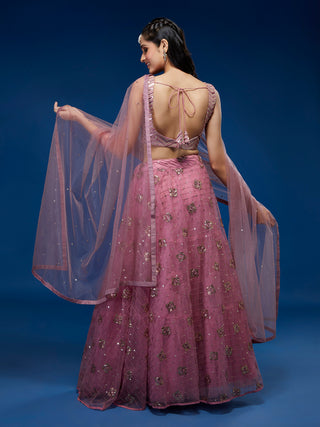 Pink Net Sequinse Embroidered Semi-Stitched Lehenga & Blouse with Dupatta Clothsvilla