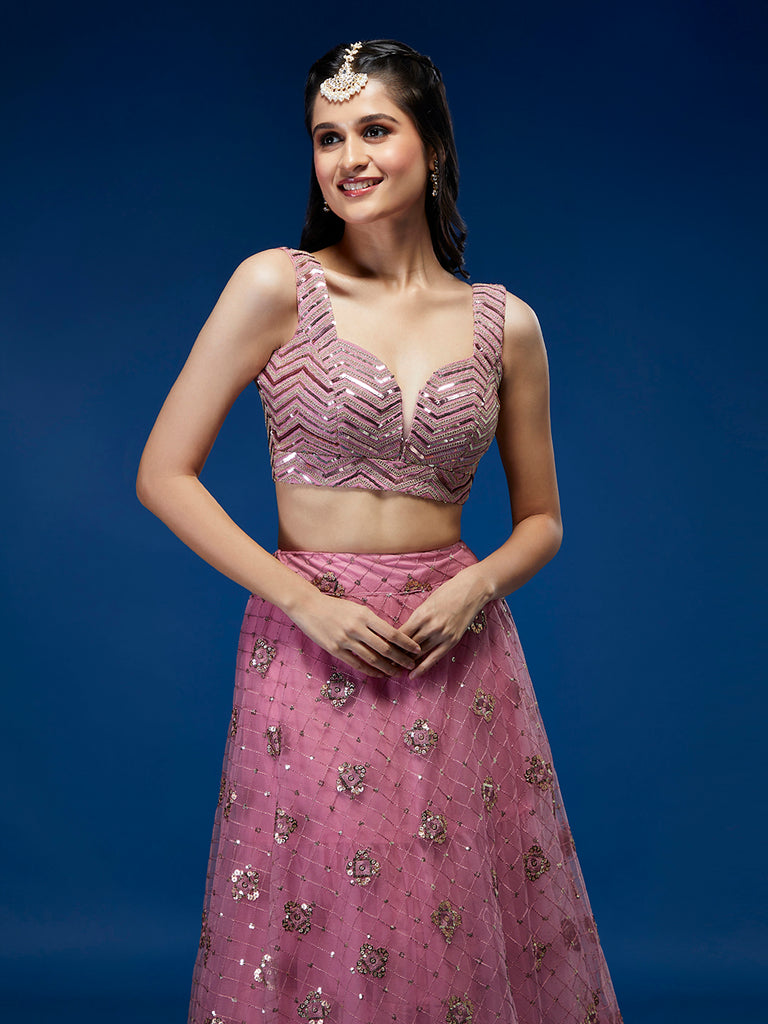 Pink Net Sequinse Embroidered Semi-Stitched Lehenga & Blouse with Dupatta Clothsvilla